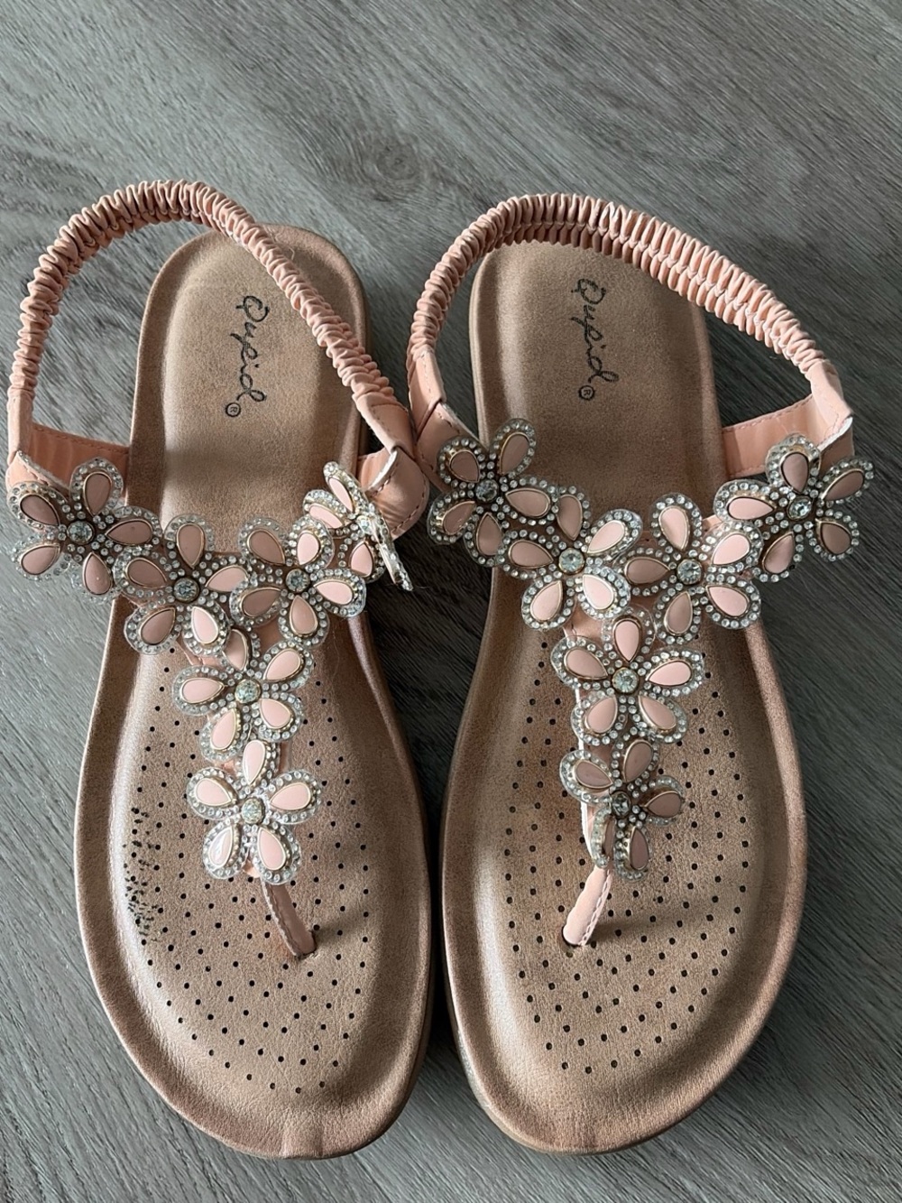 Blush Pink Floral Jeweled T-Strap Sandals